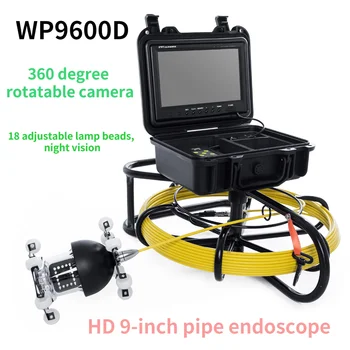 WP9600D Boru Hattı endoskop Kamera 9 inç LCD 18 ayarlanabilir LED ışıkları 360 Derece Rotasyon Sürgülü Tekerlekler İle 20/30/50 M Kablo