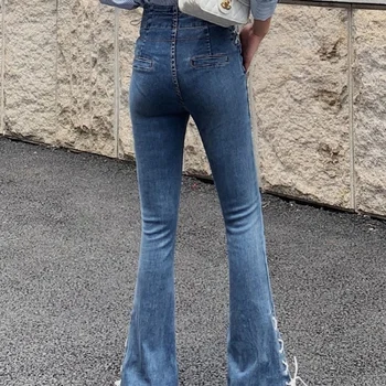 Moda Dantel Up Bölünmüş Flare Kot Kadın Bahar Yeni Yüksek Bel Düğmeleri Çan-Alt Denim Pantolon Streetwear Vintage İnce Pantolon