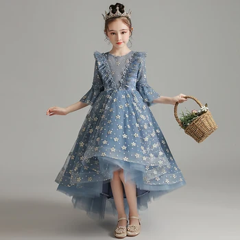 Çiçek Kız Elbise Illusion Aplikler Nakış Inciler O-Boyun Üç Çeyrek Prenses Diz Boyu Tül Dantel Çocuklar Parti Kıyafeti H305