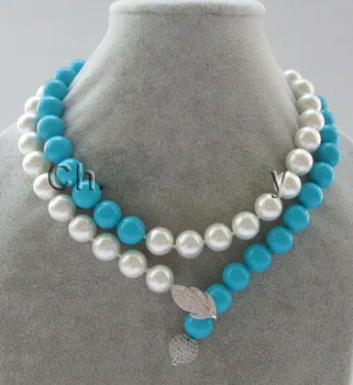 Güzel Güzel takı çarpıcı 12mm beyaz + mavi mükemmel yuvarlak güney deniz kabuğu inci necklace - 925 ücretsiz kargo