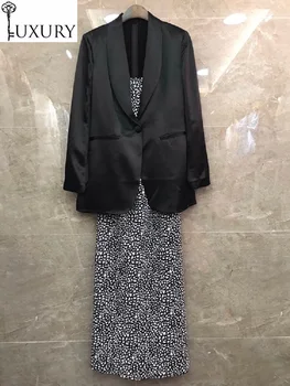 Sonbahar Kadın Iş 2020 Tek Düğme Siyah Blazer Mont + Seksi Vahşi Leopar Baskı Kemerli elbise Setleri 2 Adet
