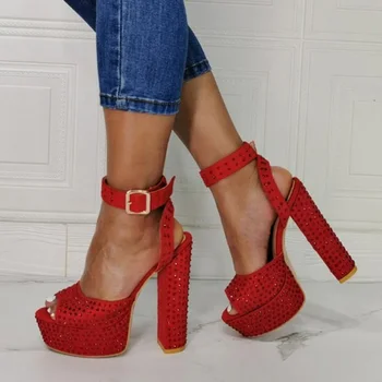 Moda kırmızı kristal tıknaz topuklu sandalet ayak bileği kayışı burnu açık yüksek platform yaz elbise ayakkabı kesikler