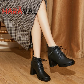 HARAVAL Kadın yarım çizmeler yüksek topuklu ayakkabı Yuvarlak Ayak Dantel Kadar Siyah Kırmızı Motosiklet Çizme Kadın Çapraz Bağlı Yetişkin Ayakkabı Bayan E431L