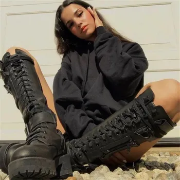 Yeni kadın çizmeler lüks tasarımcı savaş botları serin punk gotik sıcak çizmeler kalın tabanlı yüksek çizmeler sokak moda çizmeler 35-43