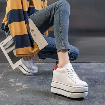12 cm Platformu Kama Kadın rahat ayakkabılar Hakiki Deri Gizli Topuk Tıknaz Sneakers Nefes rahat ayakkabılar Bahar Sonbahar