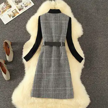 2021 Sonbahar Kış 2 Parça Set Zarif Kadın Elbise Setleri Uzun Kollu Örme Kazak Üst + Ekose Yelek Elbise Artı Boyutu Takım Elbise X110