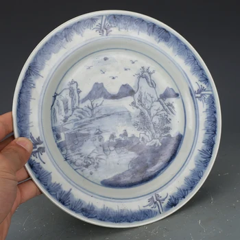 Qing Hanedanı Mavi Ve Beyaz Manzara Şekil Desen Plaka Antika Porselen Koleksiyonu