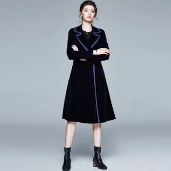 2021 Sonbahar Kış Kadife Trençkot Ofis Lady Vintage Uzun Zarif Çentikli Dış Giyim Femme Palto Hırka Uzun Elbise S78895