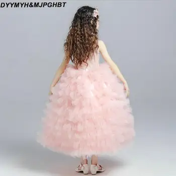 Illusion Dantel Üst Çiçek Kız Elbise Katmanlı Tül Etek Balo Pembe Kız Pageant Törenlerinde