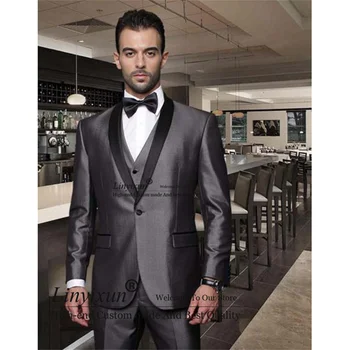 Moda Gri Erkek Takım Elbise Ince En Iyi Damat Düğün Smokin Siyah Şal Yaka Resmi Iş Blazer 3 Parça Set Kostüm Homme 0