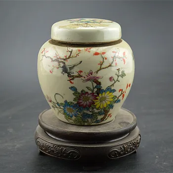 Antik Koleksiyon eski Çin Porselen Çiçek ve kuş kapaklı kavanoz