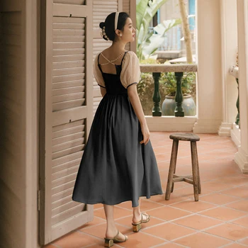 YOSIMI Uzun Kadın Elbise 2021 Yaz Vintage A-line Straplez Yaka Fit ve Flare Patchwork Kısa Kollu Zarif Elbise Kadın