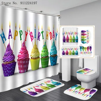 Doğum günü Pastası Duş Perdesi 4 Parça Halı Kapak Tuvalet Kapağı Banyo Paspas 3D Baskı Karikatür Banyo Perdesi 12 Kanca İle