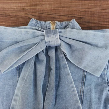 Avrupa Düz Renk Denim Bluz Ceket Kadın Büyük Yay Standı Yaka Uzun Kollu Fermuar Slim Fit Bluz Üst 2022 Bahar Yeni Blusas