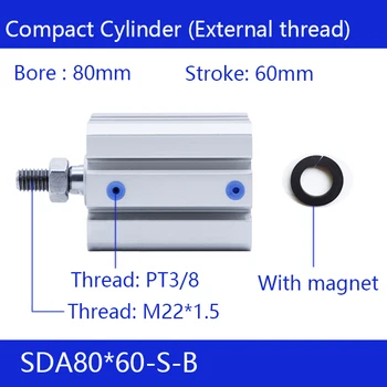 SDA80 * 60-B Ücretsiz kargo 80mm Çap 60mm İnme Harici konu Kompakt Hava Silindirleri Çift Eylem Hava Pnömatik Silindir
