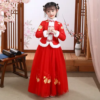 Kış Kız Nakış Pamuk dolgulu Giysiler Çocuklar Çin Güzel Tang Takım Elbise Çocuk Antik Hanfu Yeni Yıl Elbise