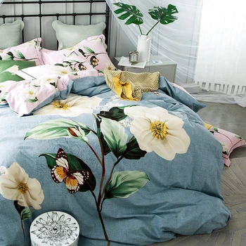 Renkli %100 % Pamuk Zımpara Baskılı çiçek nevresim takımı Düğün yatak çarşafı seti Nevresim yastık kılıfı Kraliçe Kral 4 adet mavi beyaz