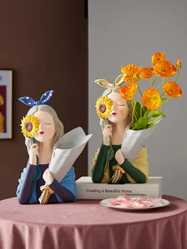 Iskandinav Kız Buket Dekorasyon Ev Dekorasyon Aksesuarları Oturma Odası TV dolabı Dekor Kız Reçine Dekoratif Vazo Hediye