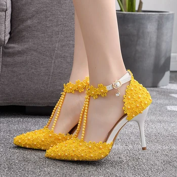 Sarı Dantel Çiçek Kadın Pompaları Ayak Bileği T-sapanlar Sivri Burun Sandalet Güzel Dantel Düğün Ayakkabı Yeşil Mavi Mor Nedime Ayakkabı