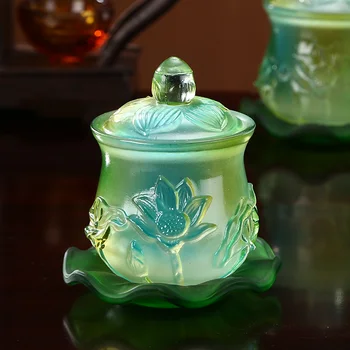 BİR SET # Asya EV aile Koruma Tılsım KRİSTAL Ibadet censer + 3 P Renk Sır Lotus aziz tapınak fincan Kutsal su bardağı