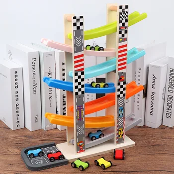 Ahşap Araba Rampa Racer Oyuncak Araç Seti ile 7 Mini Arabalar ve Yarış Pistleri Montessori Oyuncaklar Zanaat için Toddlers Erkek ve Kız