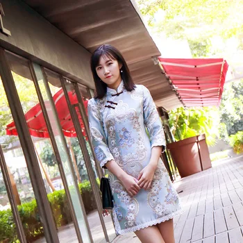 Dantel Patchwork Sıkı Elbise Kadın için Çin Geleneksel Kostümleri Cheongsam'lar Işlemeli Çiçek Kadın Oryantal Kıyafetler Qipao