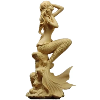 Şimşir 15 cm 19 cm Mermaid Heykel Oturma Odası Dekorasyon Deniz Güzellik Şekil Ahşap Heykeli Mermaid Ev Dekor