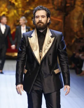 En Kaliteli Takım Elbise Erkek Tasarımcı Takım Elbise Custom Made Altın Yaka Damat Smokin Düğün için En Iyi Adam Takım Elbise 2 Parça (Ceket + Pantolon)
