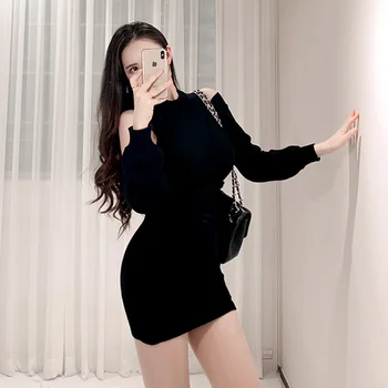 Kış Yeni Iki Takım Elbise Moda Kadın Giyim Kore Bayanlar Seksi Yarasa Kollu Bodycon Çanta Kalça Tek Parça Örme Kazak Elbise