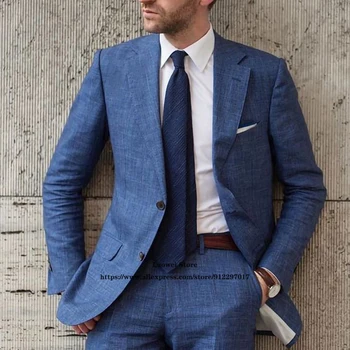 Klasik Mavi Slim Fit Erkek Takım Elbise 2 Parça Ceket Pantolon Seti Düğün Damat Smokin Resmi Iş Blazer Masculino Kostüm Homme