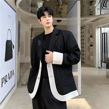 Moda Gösterisi Japonya Kore Streetwear Hip Hop Gevşek Erkek Vintage Takım Elbise Ceket Erkekler Siyah Beyaz Splice günlük giysi Blazers Ceket