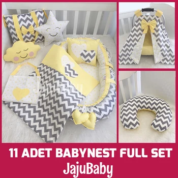 Jaju Bebek El Yapımı Gri, Sarı Zikzak Lüks Bebek Yuva Bebek Uyku 11 Parça Tam Set, Emzirme Yastık, Arabası Kapak
