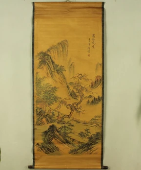 Antik boyama geleneksel Çin Tang Bohu dağlar ve ağaçlar kaydırma boyama 001