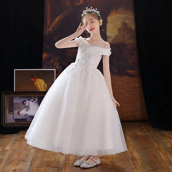 Zarif Kapalı Omuz Beyaz Çiçek Kız Elbise Düğün Için Maxi Uzun Prenses Tül Çocuk Gelinlik Modelleri 2021