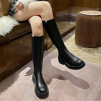 Yeni Kadın Diz Yüksek Çizmeler Kış Lüks Chelsea Çizmeler platform ayakkabılar Moda Tıknaz Topuk Uzun Çizmeler Fermuar Yuvarlak Ayak Kadın Ayakkabı
