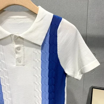Yeni Yaz Kısa Kollu günlük t-Shirt Erkek Ince Turn-Aşağı Yaka Şerit Kore Tarzı Moda Karışık Renkler Kazak T-Shirt