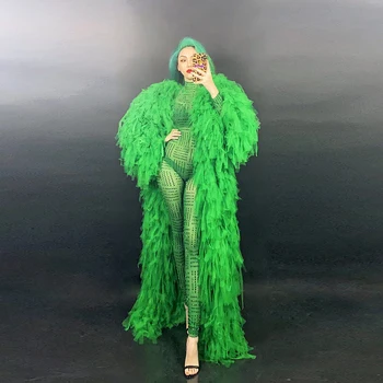Seksi Yeşil Tam Rhinestones Mesh Şeffaf Tulum Büyük Pelerin Kadın Gece Kulübü Parti Doğum Günü Kıyafeti Şarkıcı Dansçı Sahne Giyim