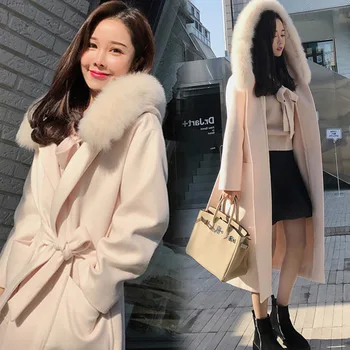 Yün Yaka yün paltolar kadın Orta uzunlukta Kore Yeni Sonbahar Kış Öğrencileri Kalın Sıcak diz Üzerinde Kadın Yün Ceket Dış Giyim