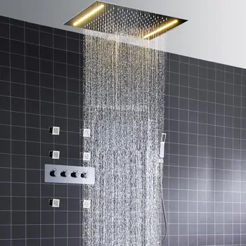 Banyo Çok Fonksiyonlu Tavana Monte LED Duş Kulaklık Yağış Duş bataryası Seti termostatik vana İle Yanal Jetleri