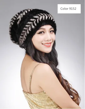 Kadın kış kürk şapka saç vizon baggy beanie kürk topu ıle siyah kahverengi beyaz şerit sonbahar örme H915