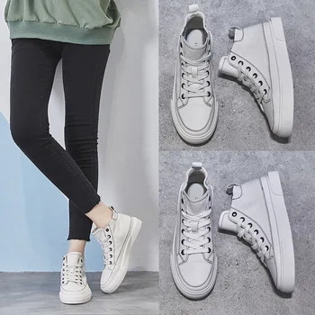 Yüksek üst küçük beyaz ayakkabı kadın bahar 2021 yeni Kore dantel up beyaz ayakkabı öğrenci rahat spor salonu ayakkabısı kadın ayakkabısı bahar