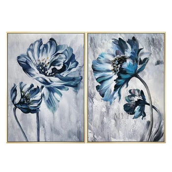 Iki Koyu Mavi Çiçekler Soyut Yağlıboya Modern Duvar Sanatı Oturma Odası Hiçbir Çerçeve Resim Ev Dekorasyon Boyama 100 % El Yapımı