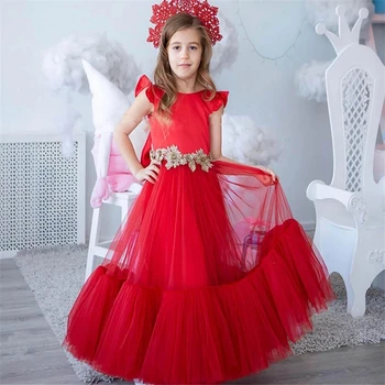 Kırmızı Moda Aplikler Aline Toddler Çiçek Kız Elbise Backless Ruffles Prenses Communion Doğum Günü Pageant Robe De Demoiselle