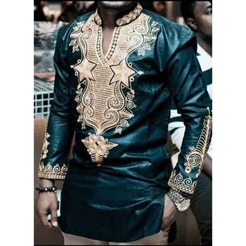 Afrika kıyafeti Uzun Kollu V Boyun T Gömlek Erkekler Güzel Marka Yeni Afrika Dashiki Geleneksel Dashiki Maxi erkek gömleği Erkekler Tees Tops