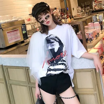 Kadın Beyaz Tişört Tops 2019 Yeni Yaz Streetwear Gril Baskı T Shirt Kısa Kollu Tees Örgü Boncuk Stranger Parti Gevşek Pj501