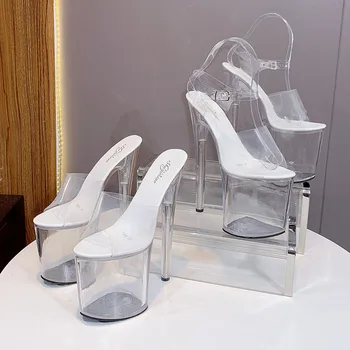 Araba Gösterisi Kadın Sandalet Ayakkabı Kadın Patlayıcı Seksi Yüksek topuk 20 CM Ince Su Geçirmez Masa Kadın Sandalet Kristal Düğün Ayakkabı PVC