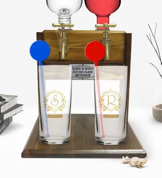 Kişiye Özel Renkli Baskılı Çift Votka Bardağı ve Çift Musluklu Doğal Ahşap Votka Standıdır-16