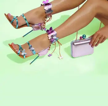 Rosa Harmony Gladyatör Sandalias Metalik Deri Turkuaz Kayış Kelebek Aplikler Chic Geri Lace Up Kıyafet Kadın Pompa Ayakkabı