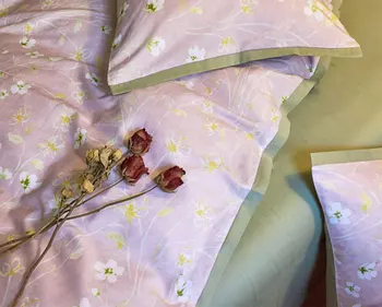 Tatlı romantik çiçek pembe yeşil yatak seti kız, zarif pamuk tam kraliçe kral ev tekstili düz levha yastık kılıfı yorgan kapak
