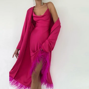 Yüksek Moda Sling uzun elbise Kıyafetler Zarif Bayan Hırka Tops + Tüy Elbise Takım Elbise Ev Tekstili Rahat Katı Uzun Ceket Kadın Seti